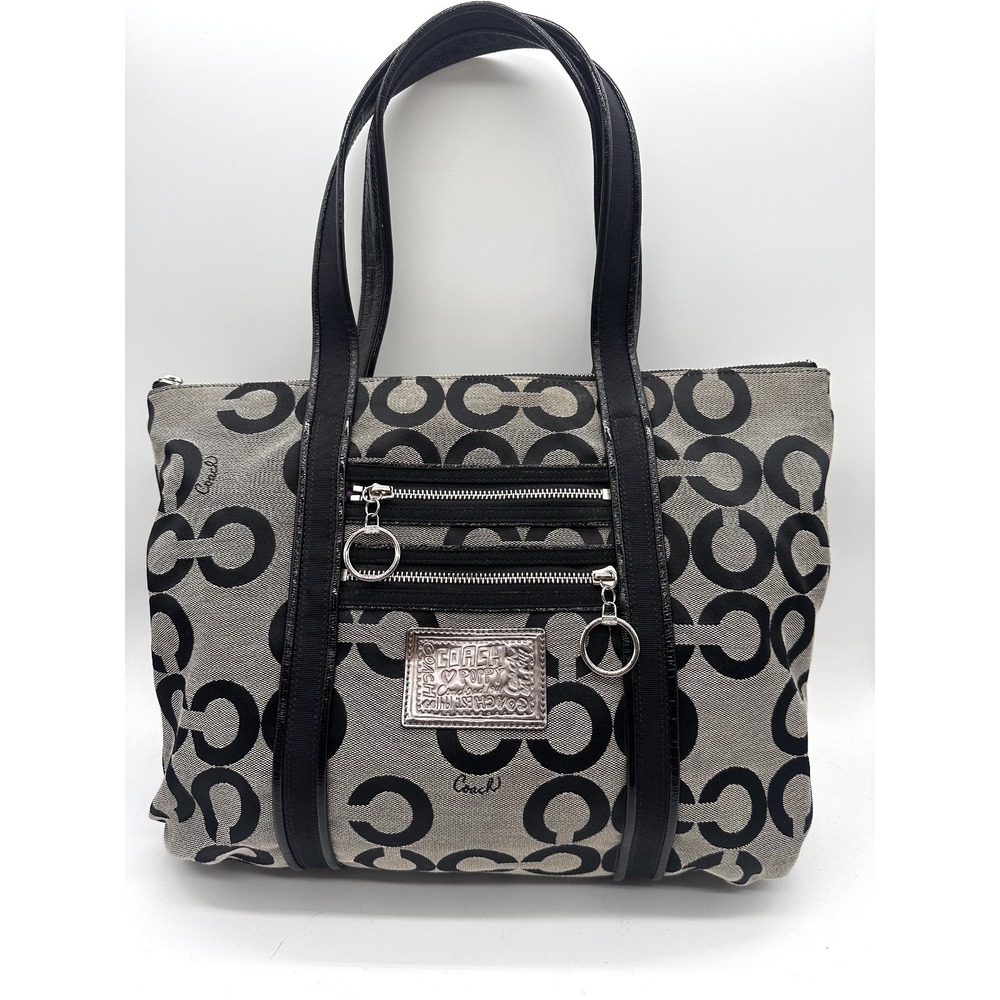 Vintage Coach Poppy Y2K Patent Leather Black/Silver Op Art Tote Bag Hobo Purse